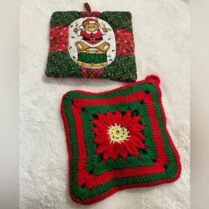 Vintage Christmas Handmade Pot Holders Crocheted Poinsettia & Teddy Bear Drummer